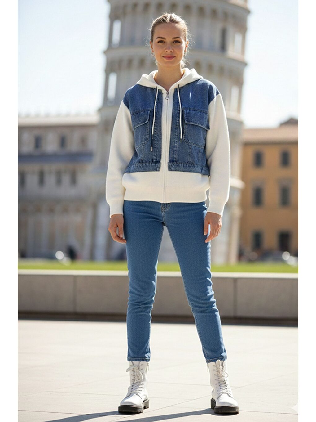 İtalyan Jean Mavisi Kapüşonlu Uzun Kol Fermuarlı Cepli Triko Garnili Denim Ceket 65 60-4