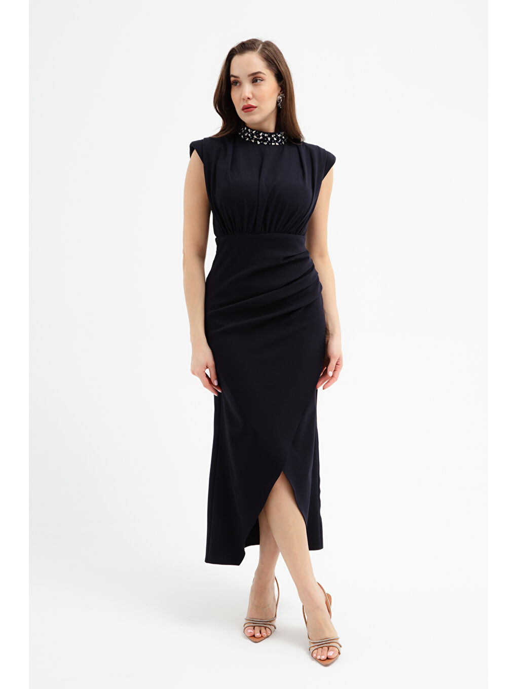 Kadın Lacivert Yakası Taşlı Midi Abiye Elbise-2