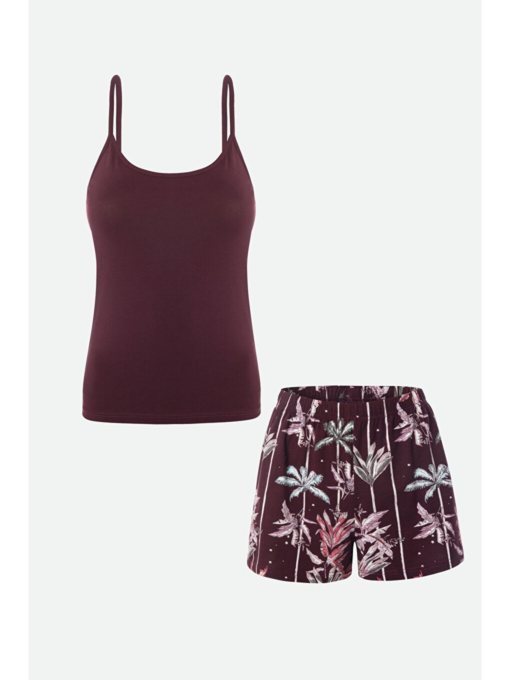 Bordo Kadın Pamuklu Askılı Şort Takımı