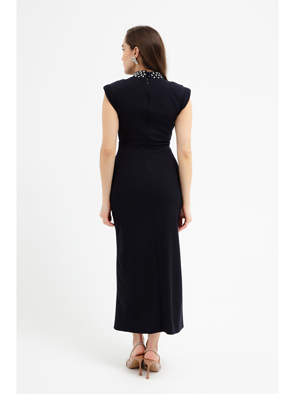 Kadın Lacivert Yakası Taşlı Midi Abiye Elbise-4