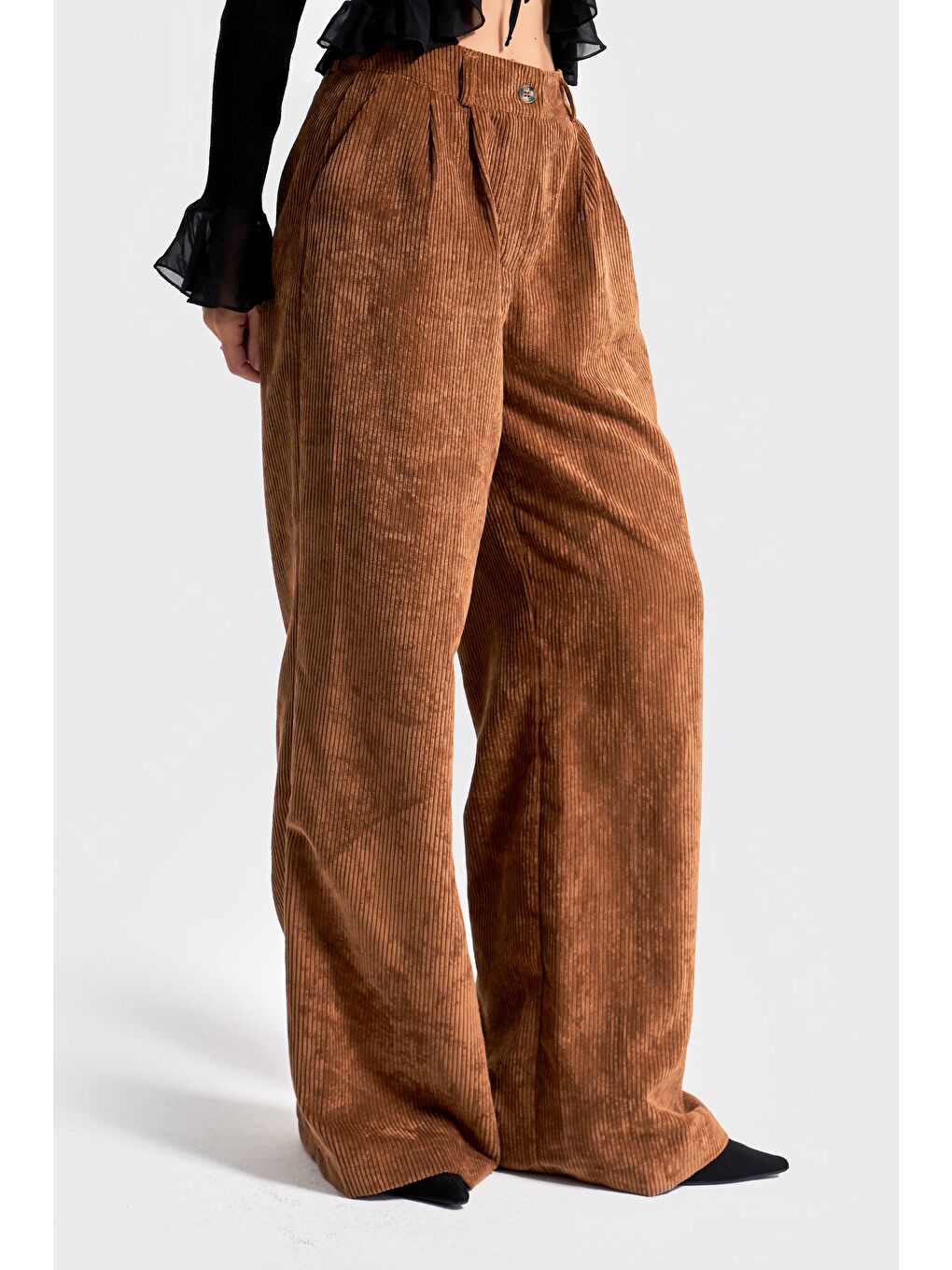 Kahverengi Kadın Latte Kahve w5-76 Süper Palazzo Fit Pileli Kalın Fitilli Velvet Kadife Kumaş Pantolon