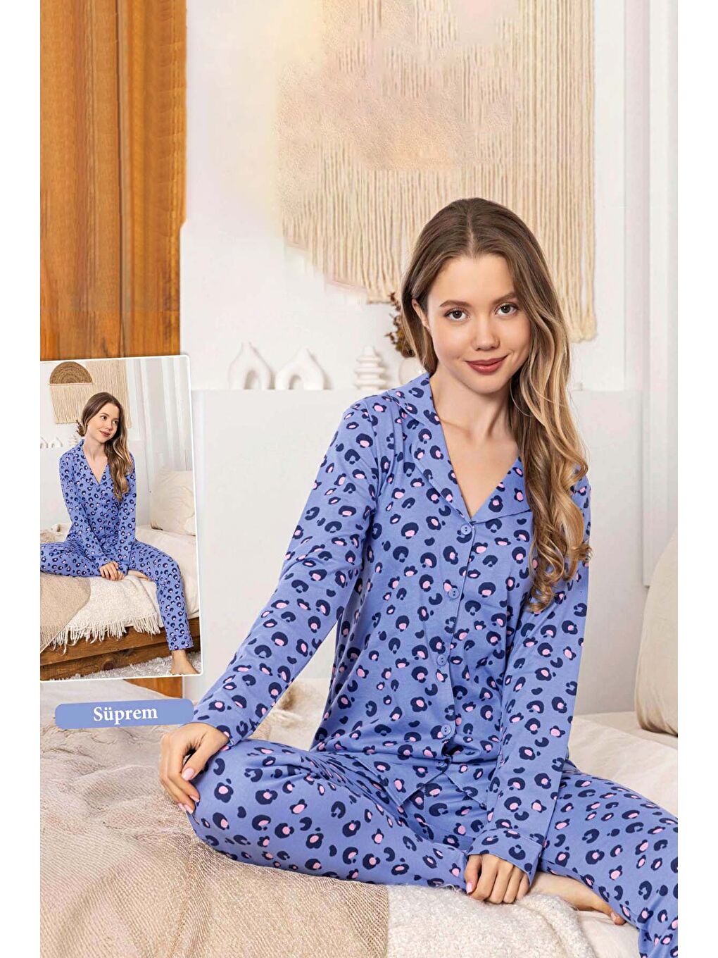 Pembe Kadın Leopar Desen Düğmeli Suprem Pijama Takımı 0319 Leo Mor-2