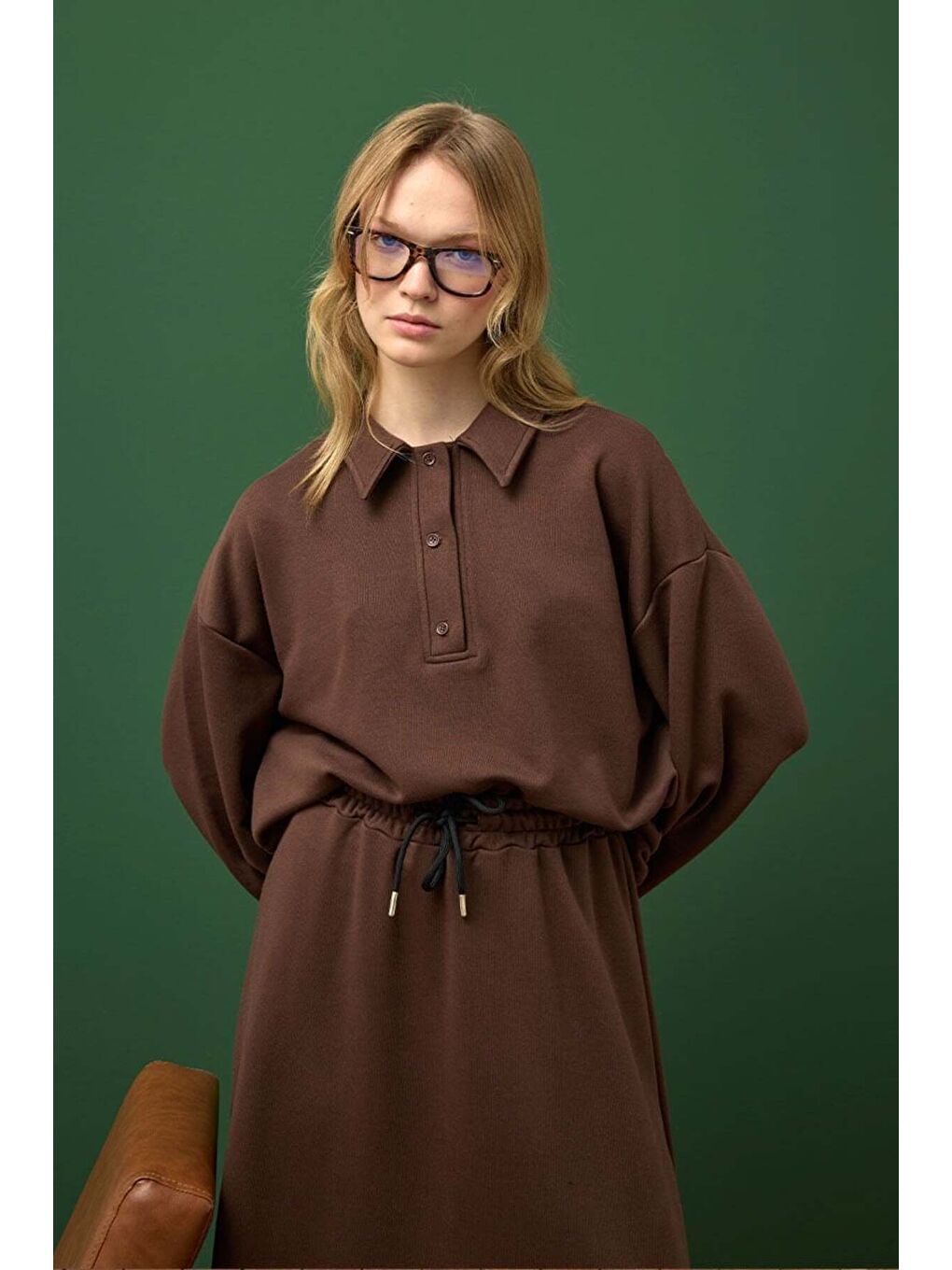 Kahverengi Çikolata 3 İplik Yakalı Body & Etek Takım-3