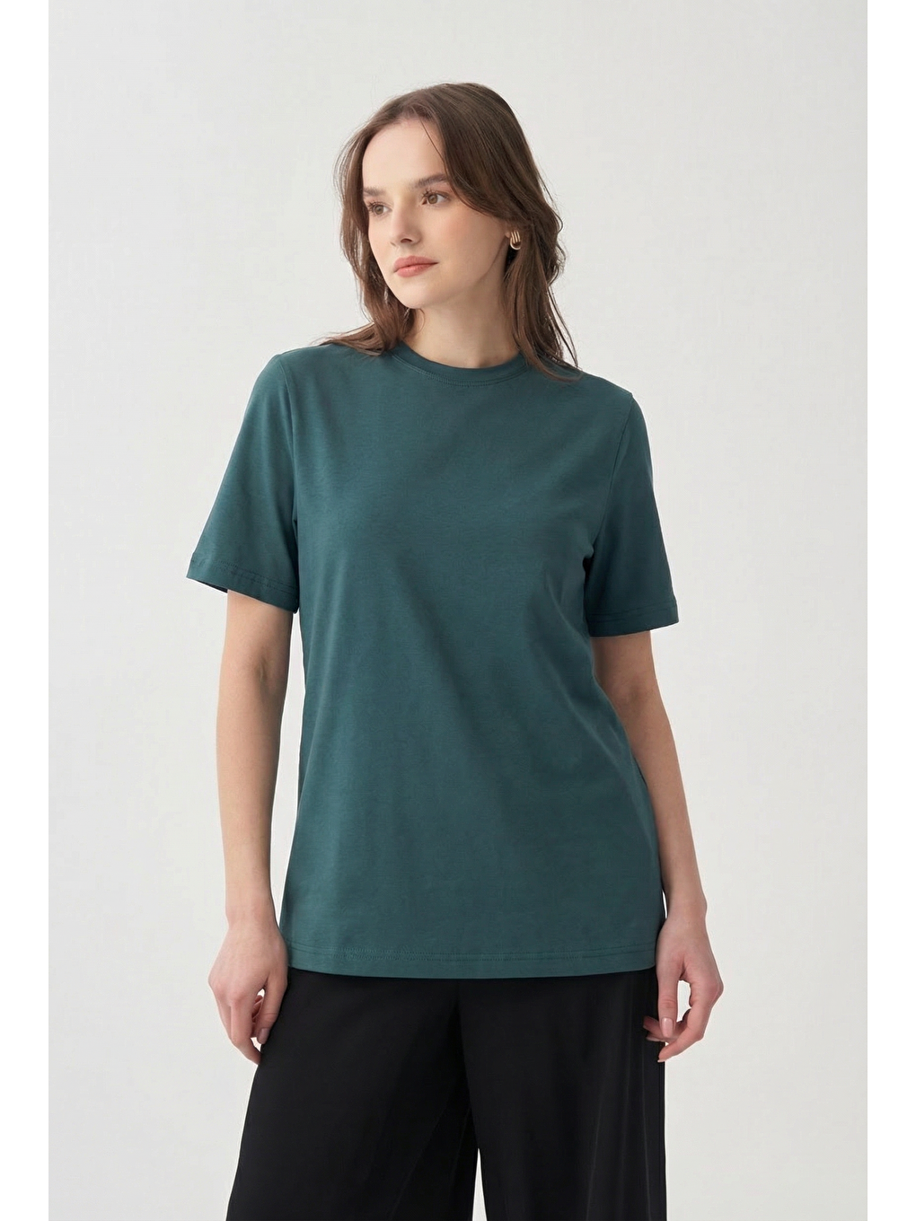 Yeşil-bisiklet Yaka Pamuklu T-shirt