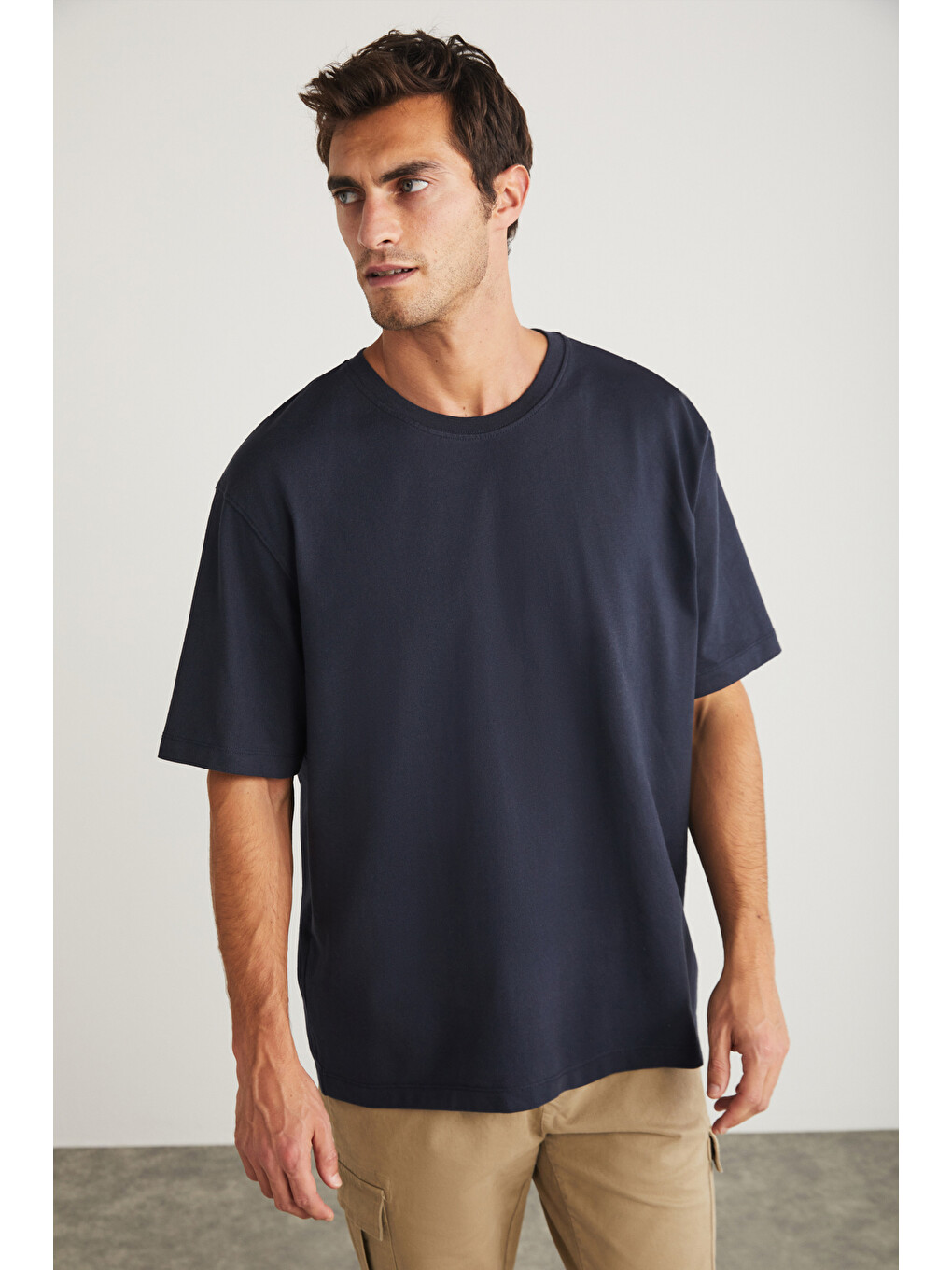 Blas Erkek Basic Oversize %100 Pamuklu Organik Pamuklu Örme Bisiklet Yaka Lacivert T-shirt-1