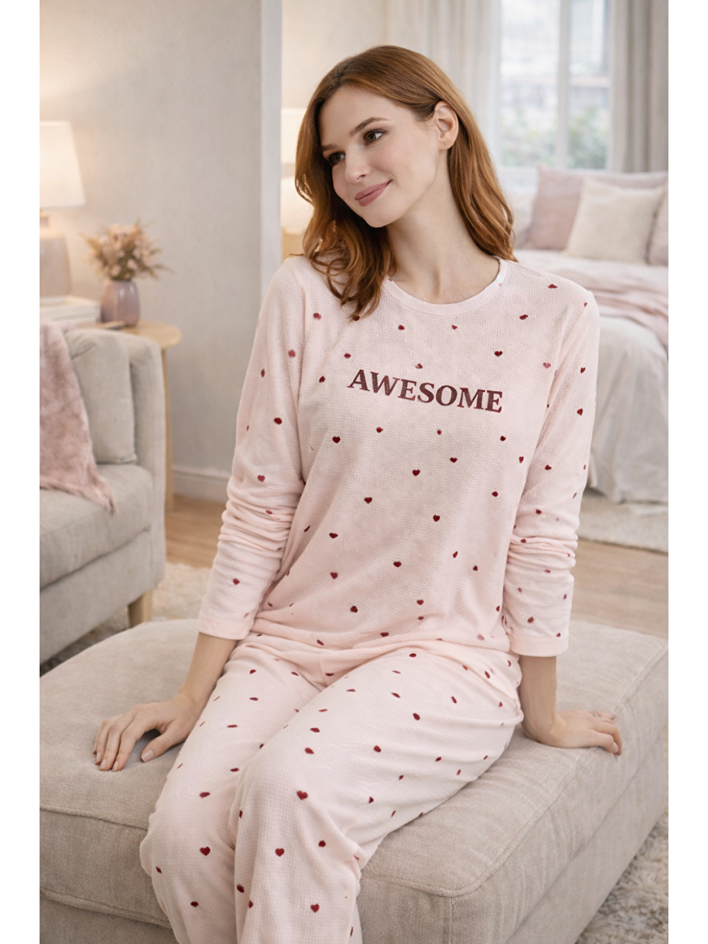 Pembe Kadın Desenli  Waffle Kumaş Yüksek Kalite Düğmeli Uzun Kollu Pijama Takımı-1