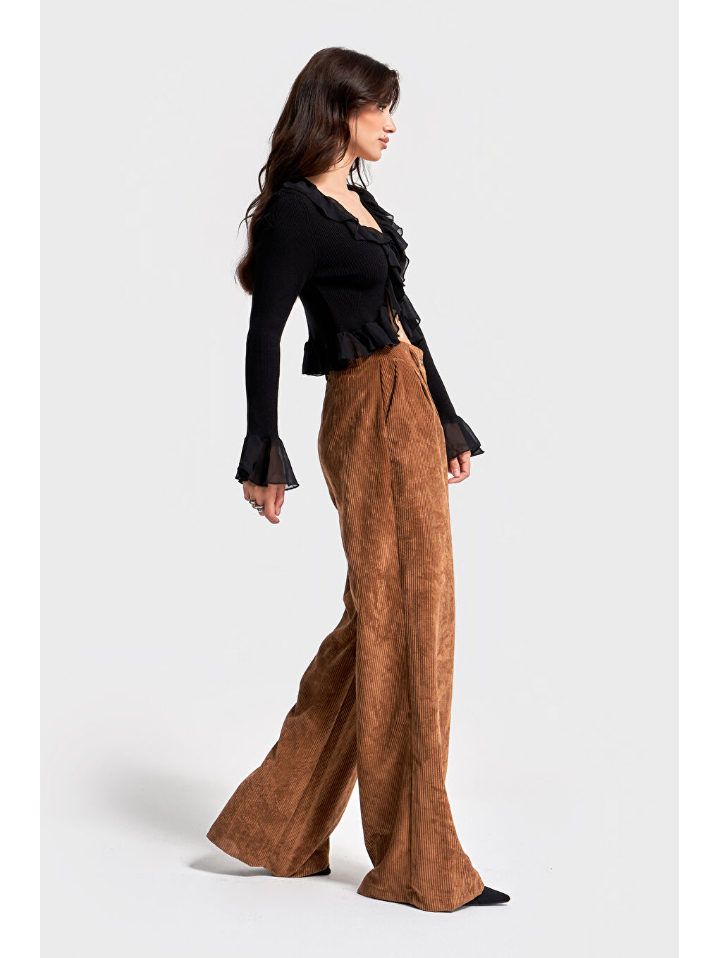 Kahverengi Kadın Latte Kahve w5-76 Süper Palazzo Fit Pileli Kalın Fitilli Velvet Kadife Kumaş Pantolon-2