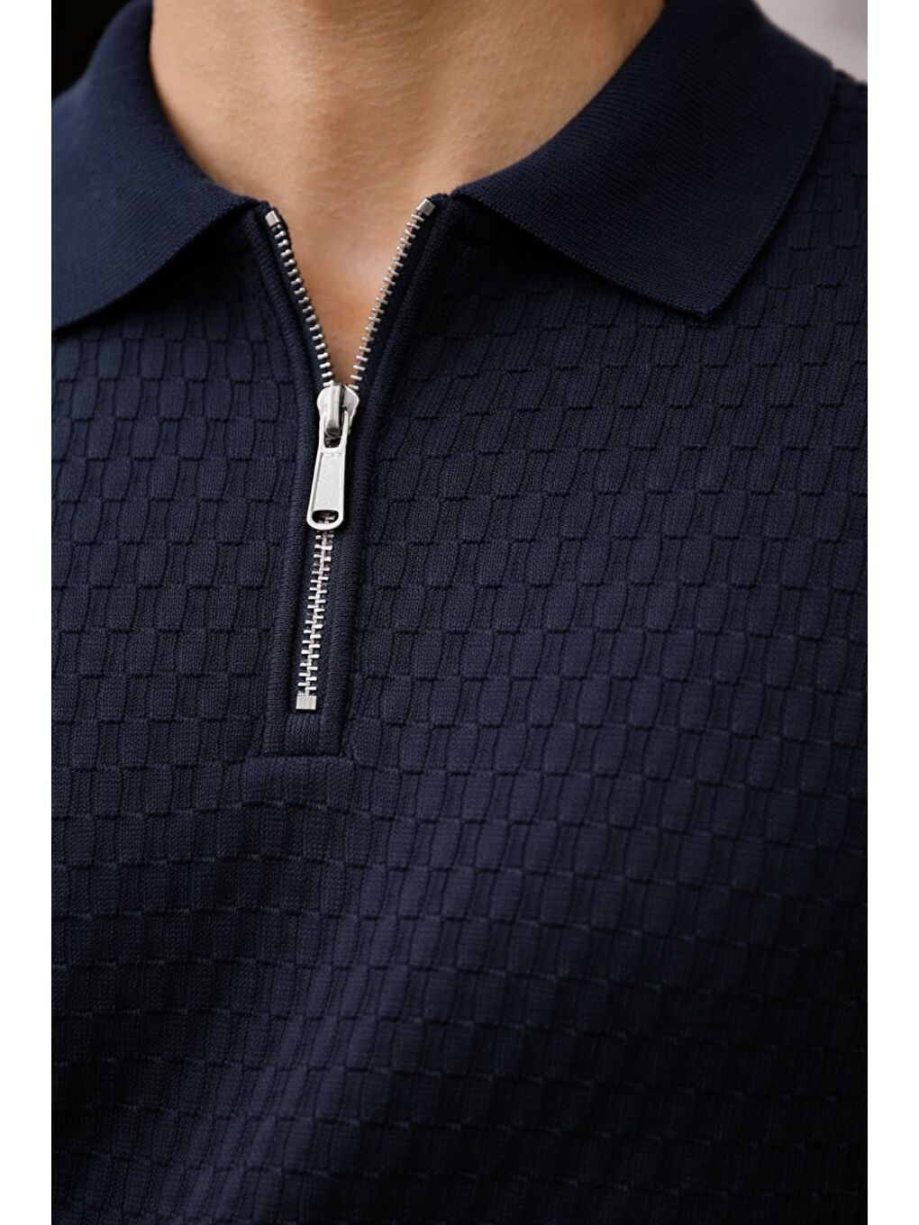 Lacivert Erkek Fermuarlı Polo Yaka Triko Tişört Slim Fit Dokulu Yazlık Casual-1