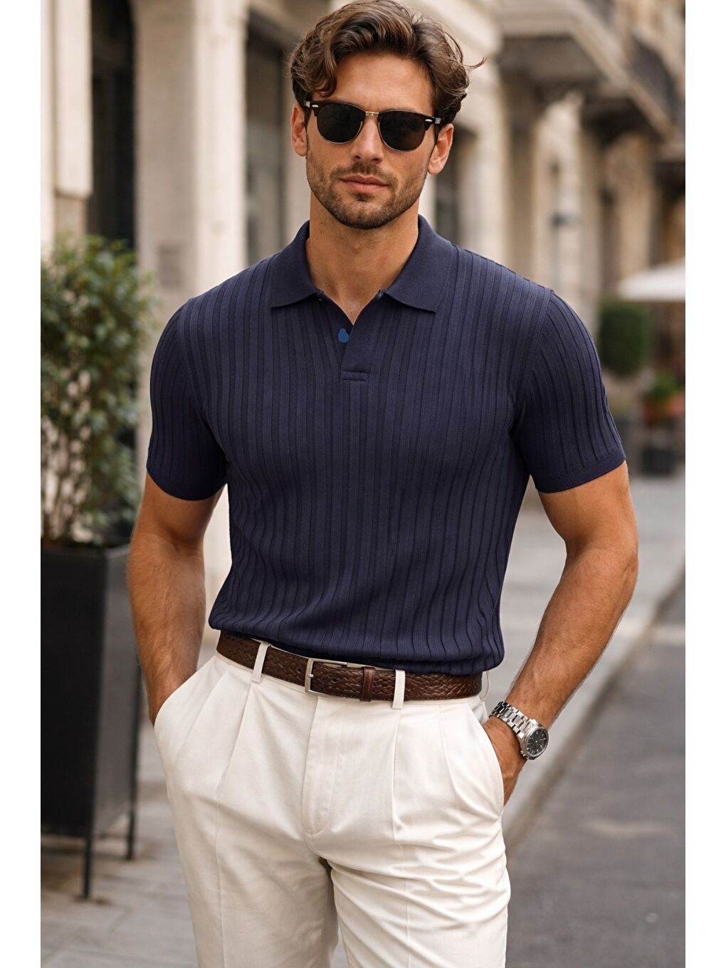 Lacivert Erkek Polo Yaka İnce Triko Tişört Yazlık Rahat Kalıp-1