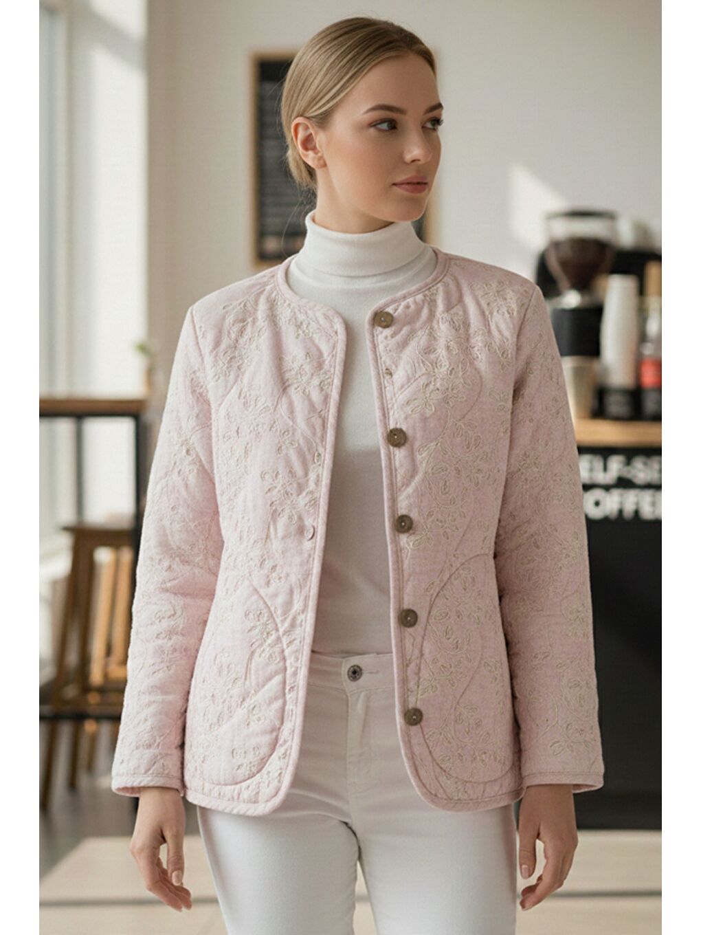 Pastel Pembe Kimono Yaka Uzun Kol Düğmeli Cepli Casual Kapitone Dokuma Ceket 65 55-1