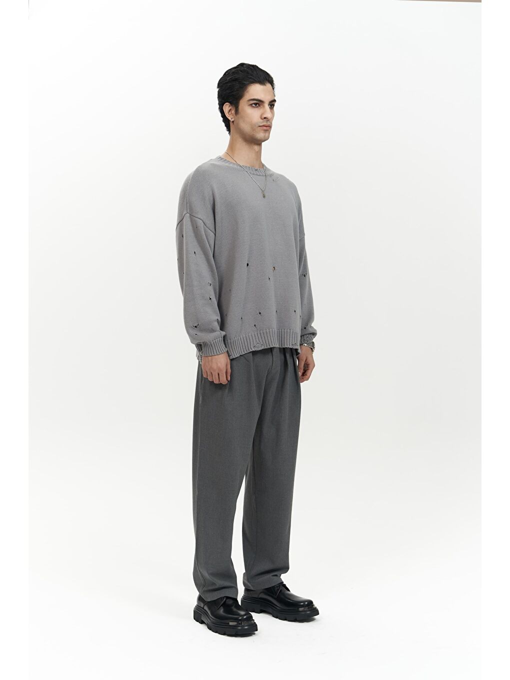 Gri Alec Fitilli Yırtık Detay Füme Erkek Triko Kazak-2