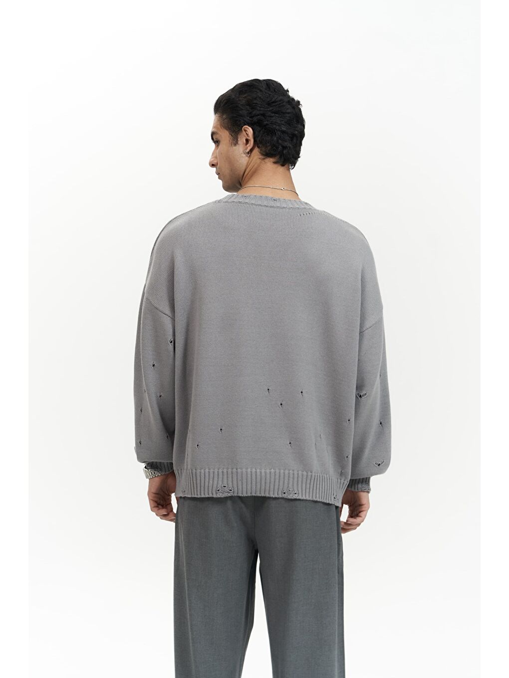 Gri Alec Fitilli Yırtık Detay Füme Erkek Triko Kazak-3