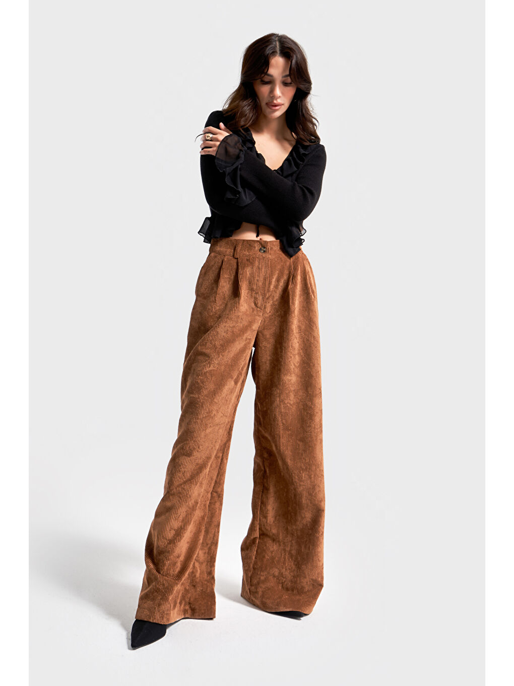 Kahverengi Kadın Latte Kahve w5-76 Süper Palazzo Fit Pileli Kalın Fitilli Velvet Kadife Kumaş Pantolon-4