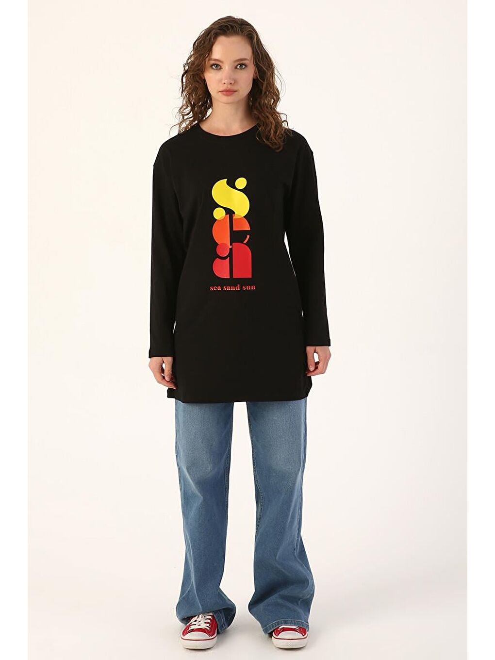 Siyah-Bisiklet Yaka Pamuklu Baskılı Tunik-1