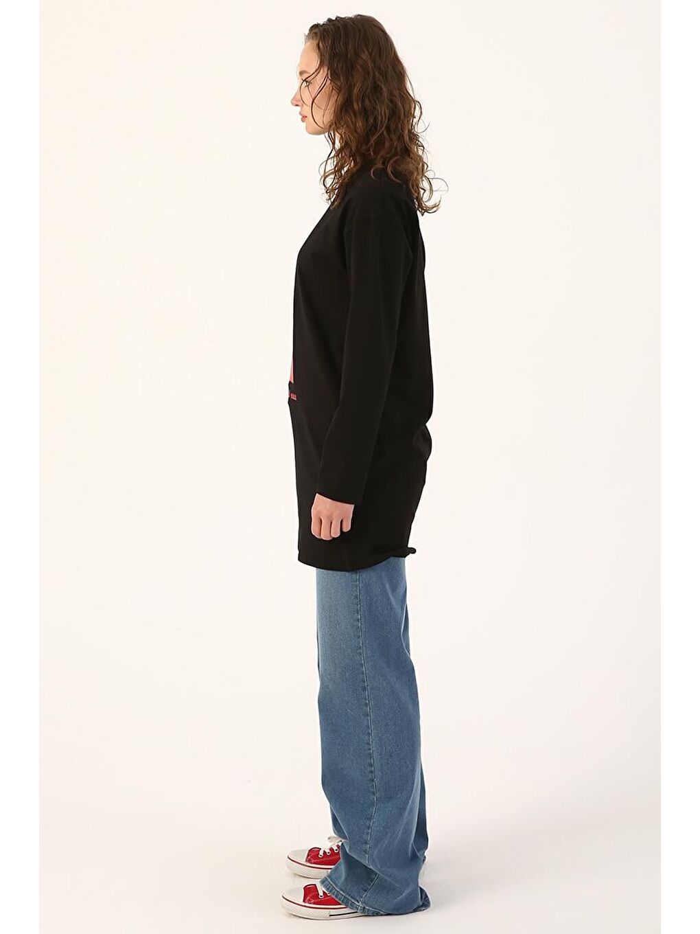 Siyah-Bisiklet Yaka Pamuklu Baskılı Tunik-2