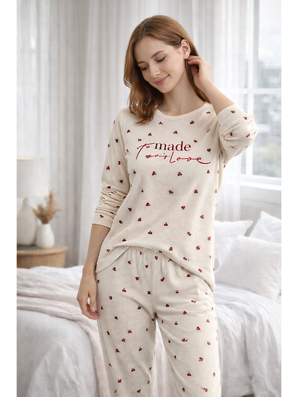 Ekru Kadın Desenli  Waffle Kumaş Yüksek Kalite Düğmeli Uzun Kollu Pijama Takımı-1