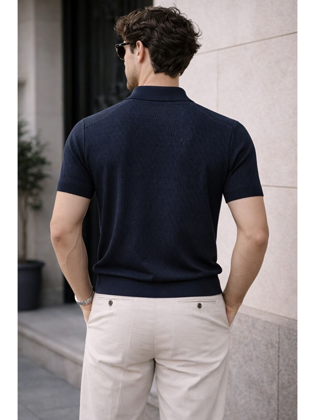 Lacivert Erkek Fermuarlı Polo Yaka Triko Tişört Slim Fit Dokulu Yazlık Casual-2