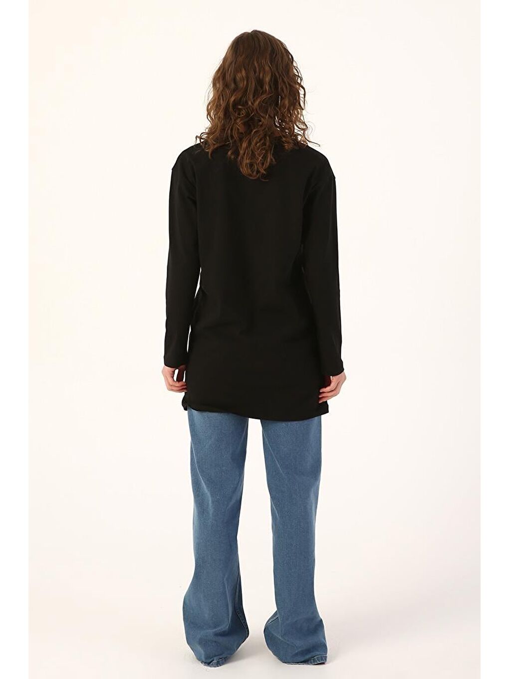 Siyah-Bisiklet Yaka Pamuklu Baskılı Tunik-3