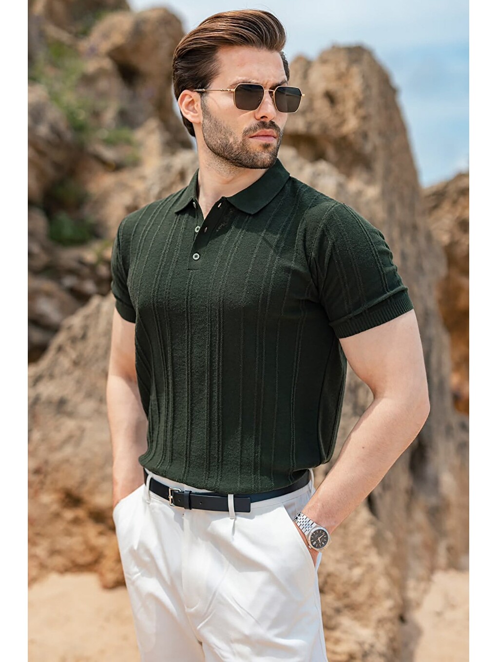 Haki Çizgili Polo Yaka Triko Erkek Tişört E7504-2
