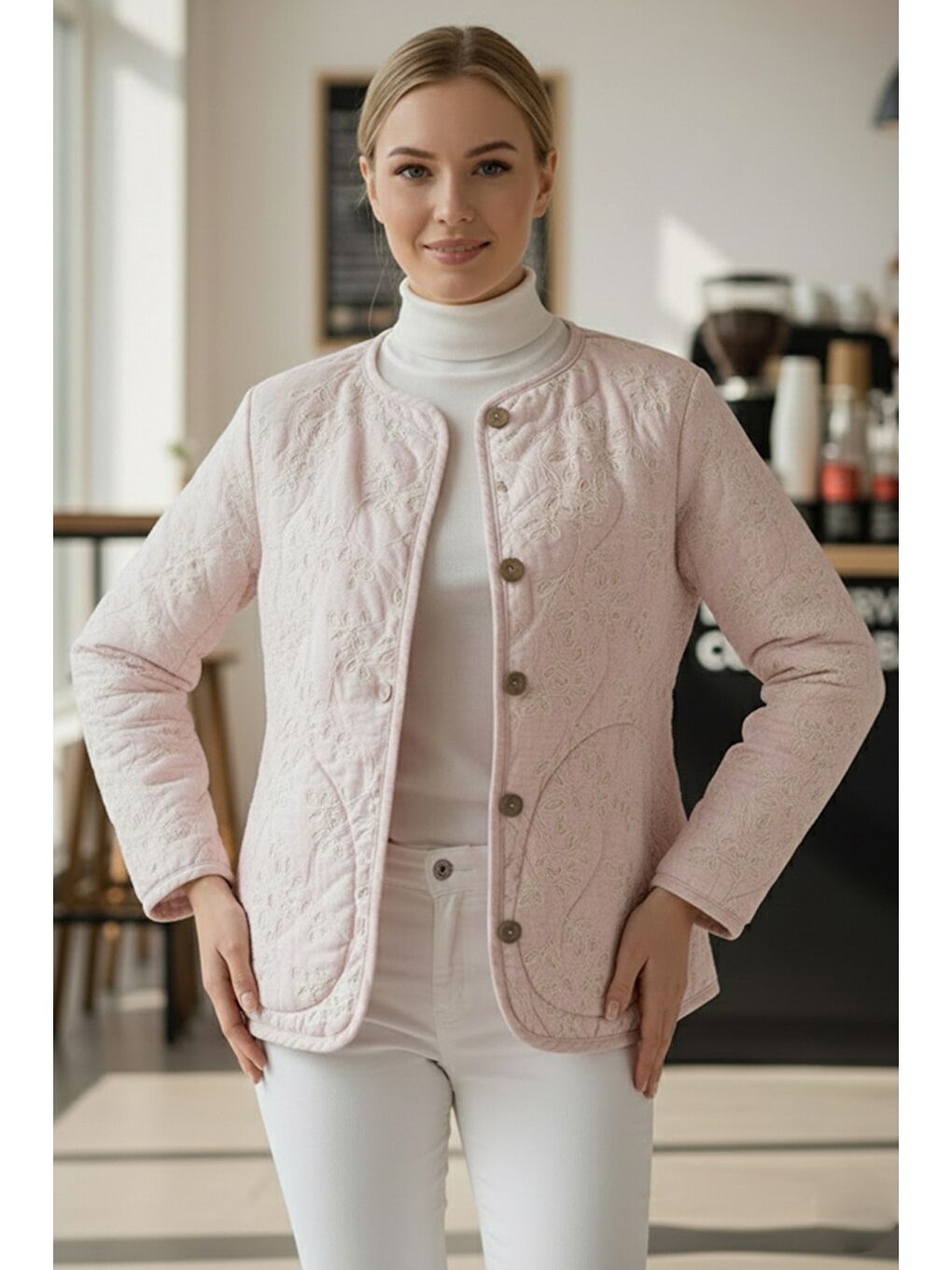 Pastel Pembe Kimono Yaka Uzun Kol Düğmeli Cepli Casual Kapitone Dokuma Ceket 65 55-2