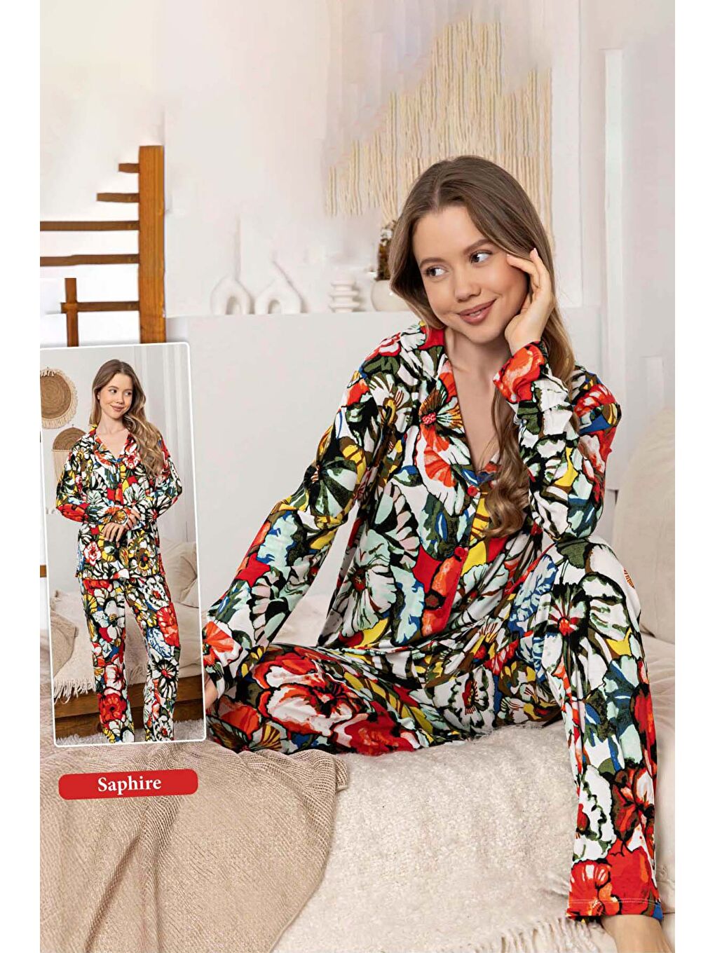 Beyaz Kadın Çiçek Desen Düğmeli Saphire Pijama Takımı 0357 Çok Renkli