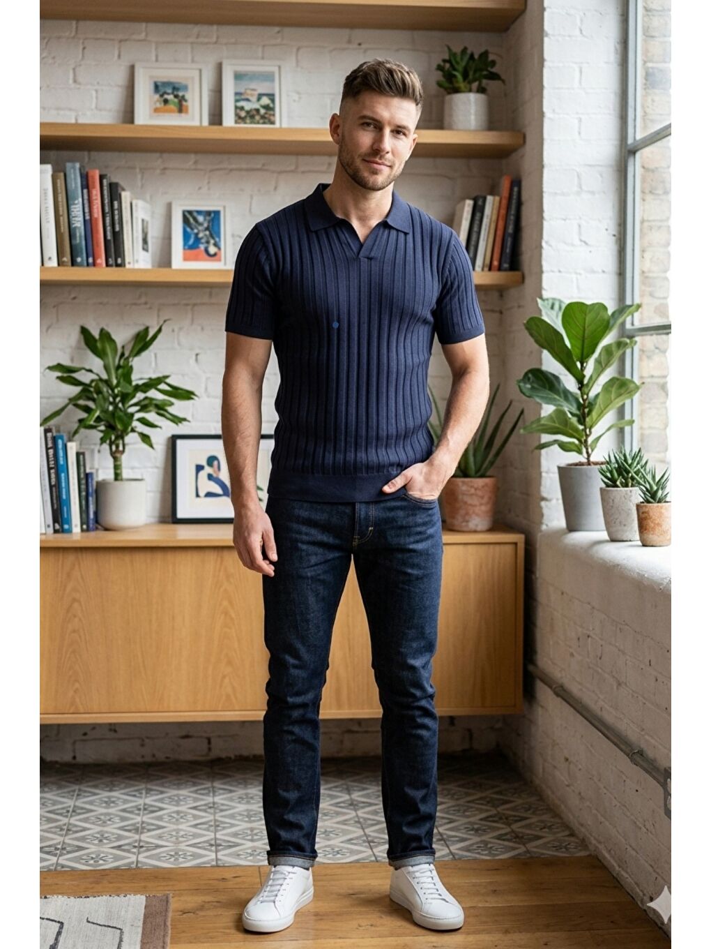 Lacivert Erkek Polo Yaka İnce Triko Tişört Yazlık Rahat Kalıp-2