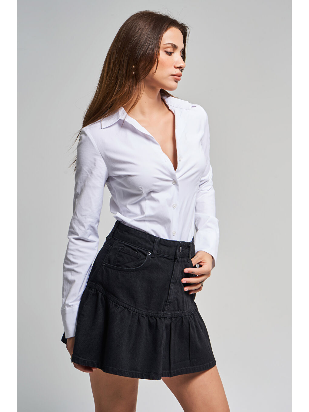 Kadın Siyah Renk 1S5-1 Volanlı Süper Mini %100 Pamuk Denim Etek-1