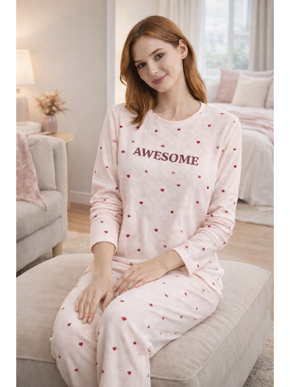 Pembe Kadın Desenli  Waffle Kumaş Yüksek Kalite Düğmeli Uzun Kollu Pijama Takımı-2