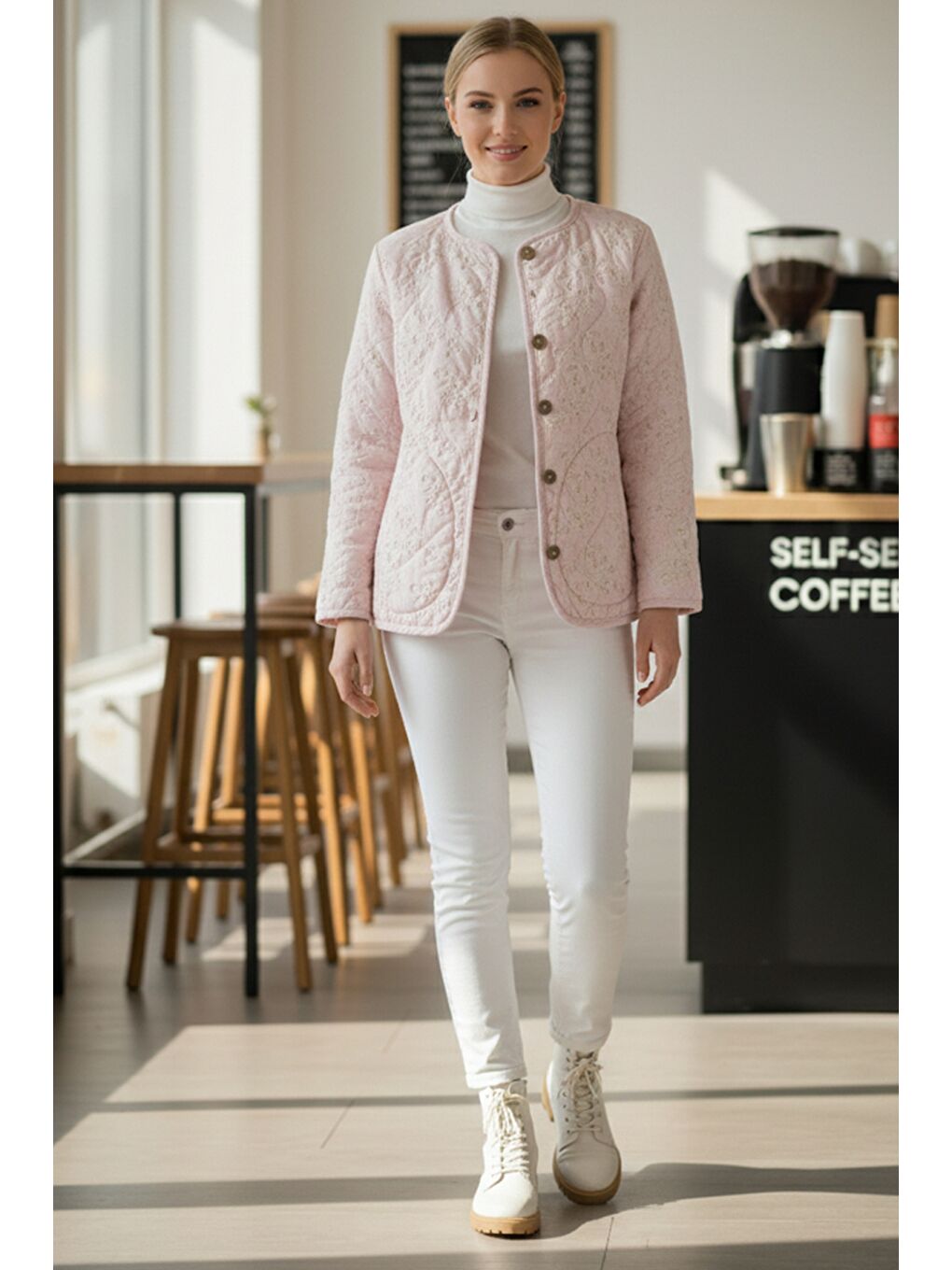 Pastel Pembe Kimono Yaka Uzun Kol Düğmeli Cepli Casual Kapitone Dokuma Ceket 65 55-3