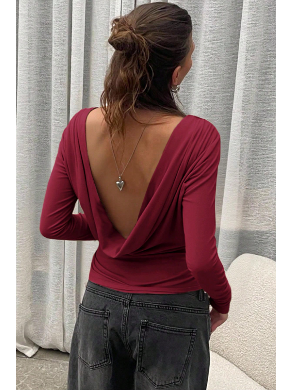 Kadın Bordo Derin Sırt Dekolteli Uzun Kollu Esnek Pamuk Bluz-3