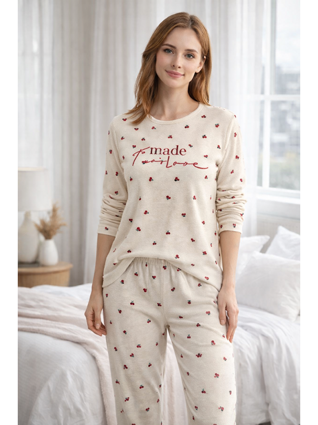 Ekru Kadın Desenli  Waffle Kumaş Yüksek Kalite Düğmeli Uzun Kollu Pijama Takımı-2