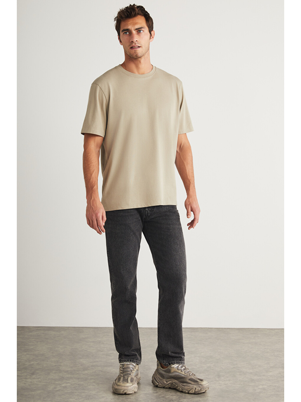 Blas Erkek Basic Oversize %100 Pamuklu Organik Pamuklu Örme Bisiklet Yaka Bej T-shirt-1