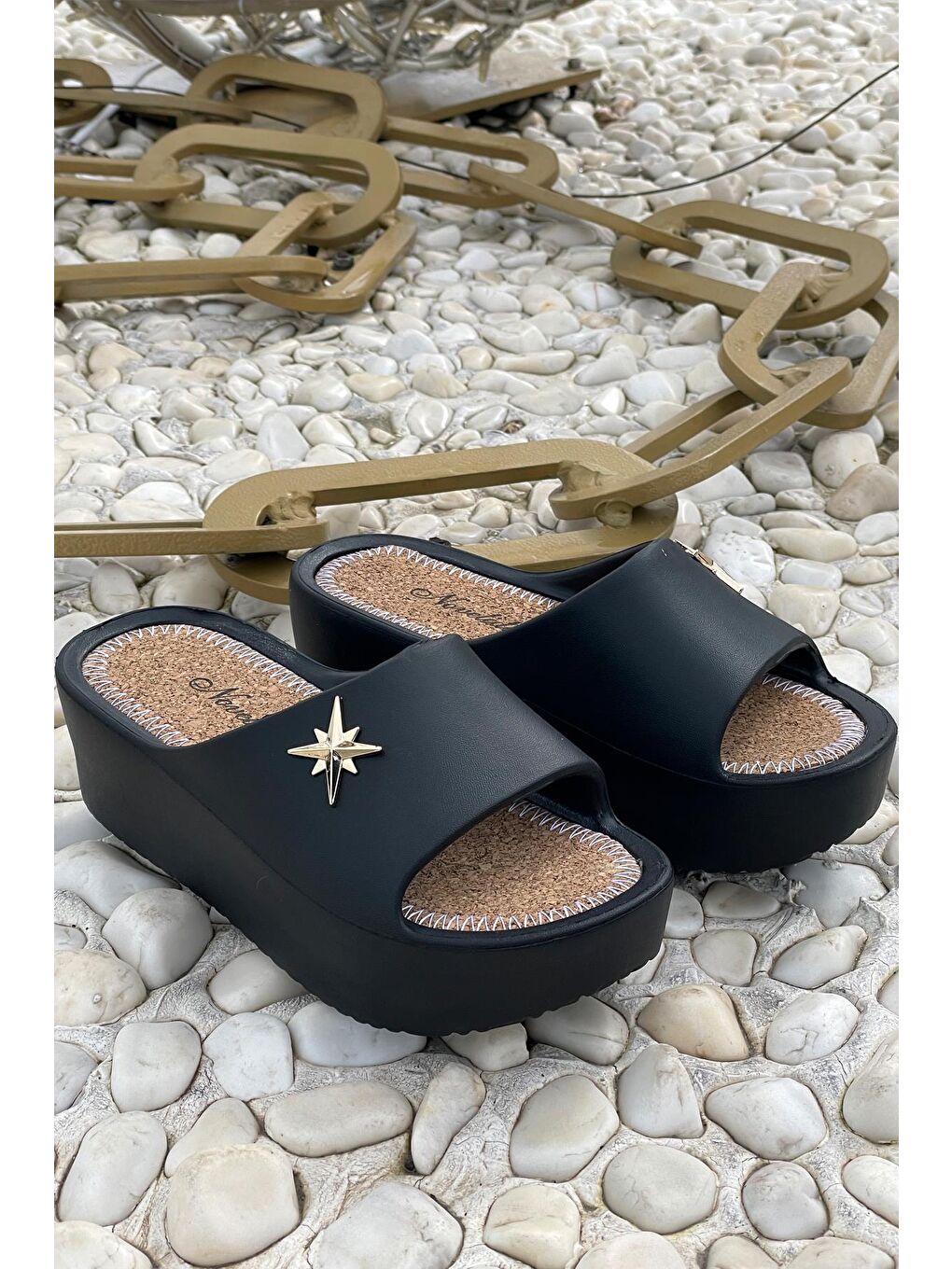 Siyah PUSULA Kadın Terlik Plaj Deniz Havuz Terliği Dolgu Topuk Yüksek Taban-1