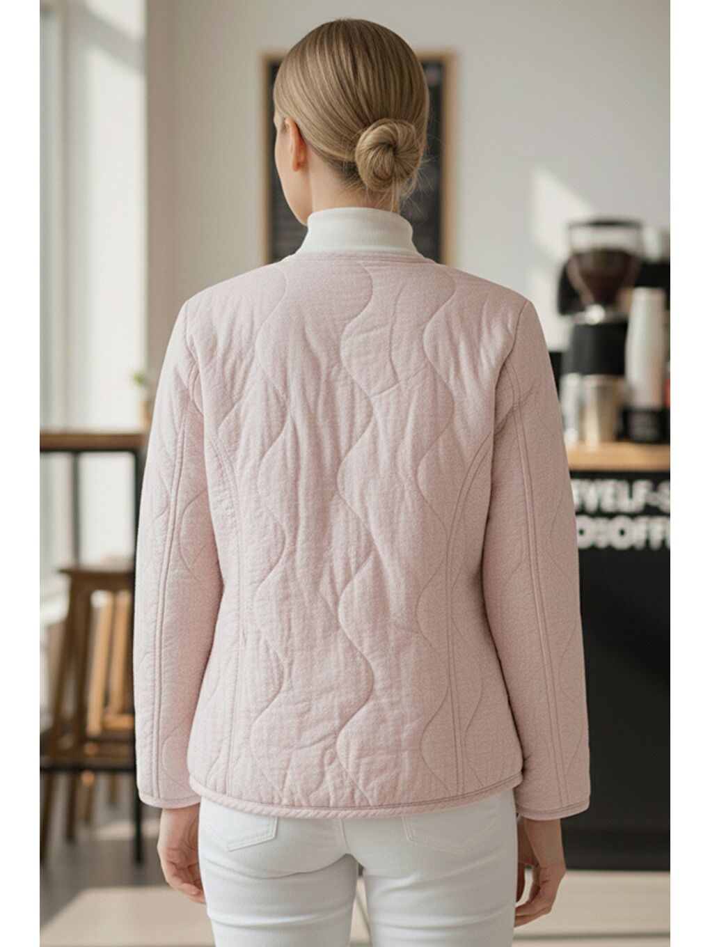 Pastel Pembe Kimono Yaka Uzun Kol Düğmeli Cepli Casual Kapitone Dokuma Ceket 65 55-4