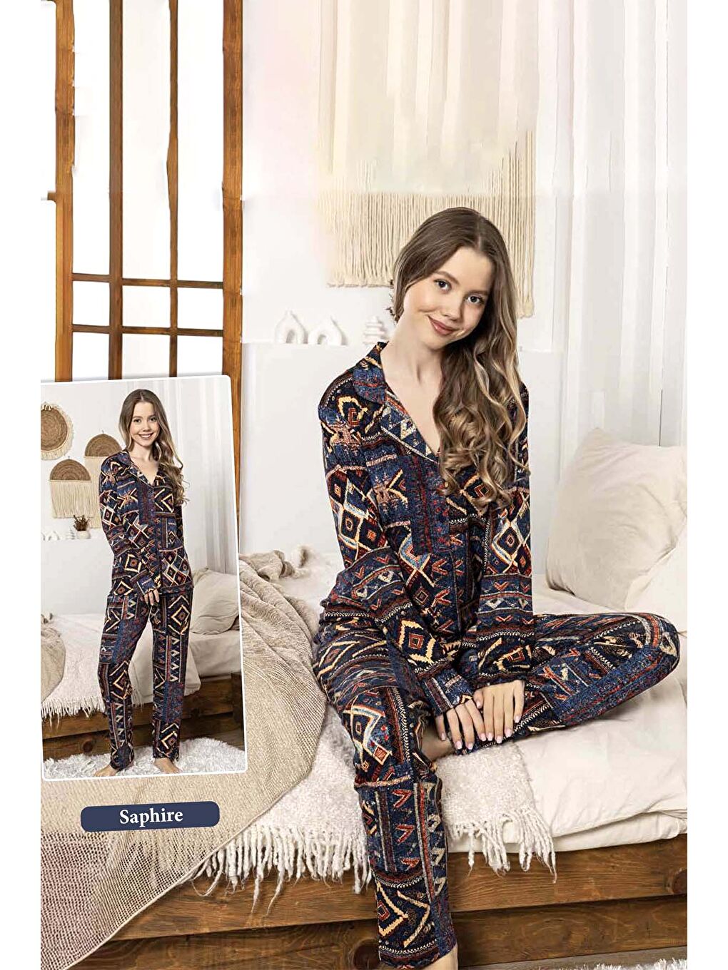 Kadın Kabile Desen Düğmeli Saphire Pijama Takımı 0335 Siyah02