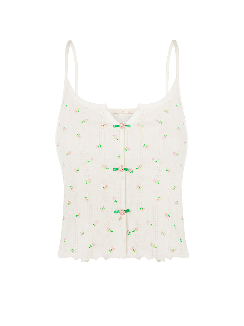 Yeşil Kadın Çiçek Desenli Gül Fiyonklu İp Askılı Şort Takım-1