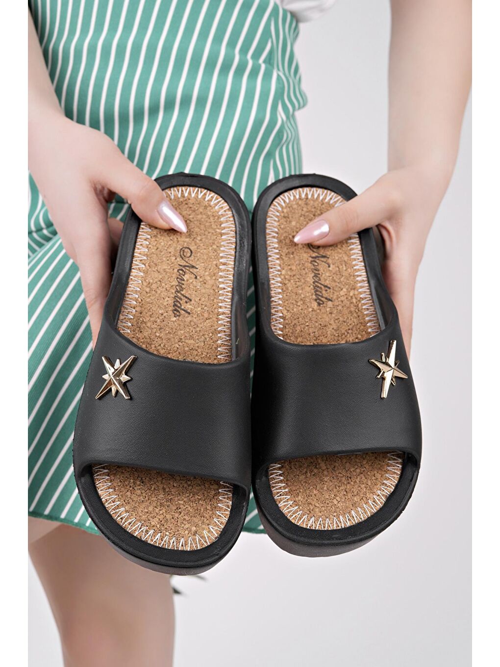 Siyah PUSULA Kadın Terlik Plaj Deniz Havuz Terliği Dolgu Topuk Yüksek Taban-3