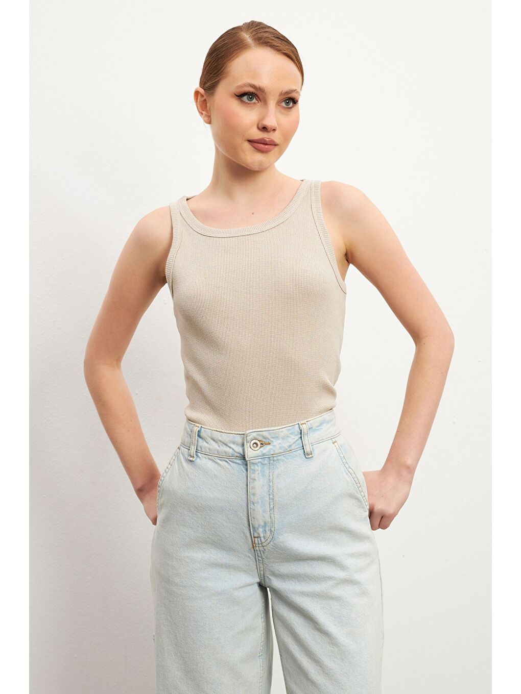 Kahverengi Kadın Kahve Bej Kalın Askılı Bisiklet Yaka Fitilli 2 li Paket Atlet Bluz-1