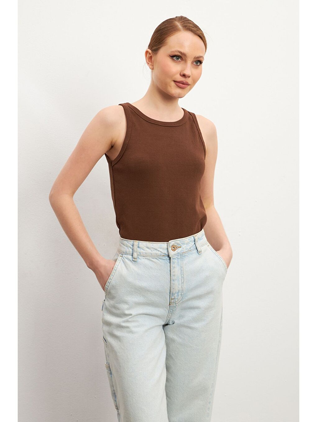 Kahverengi Kadın Kahve Bej Kalın Askılı Bisiklet Yaka Fitilli 2 li Paket Atlet Bluz-2