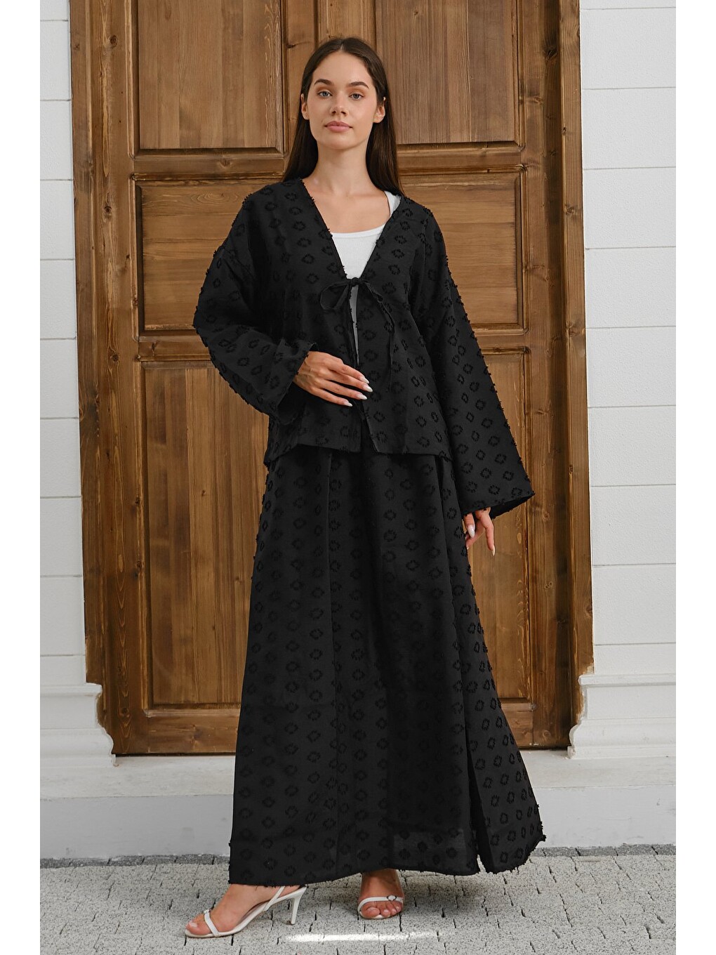 Siyah Kadın Dokulu Bağlama Detaylı Kimono Hırka Rahat Kalıp Uzun Kollu Ceket-6