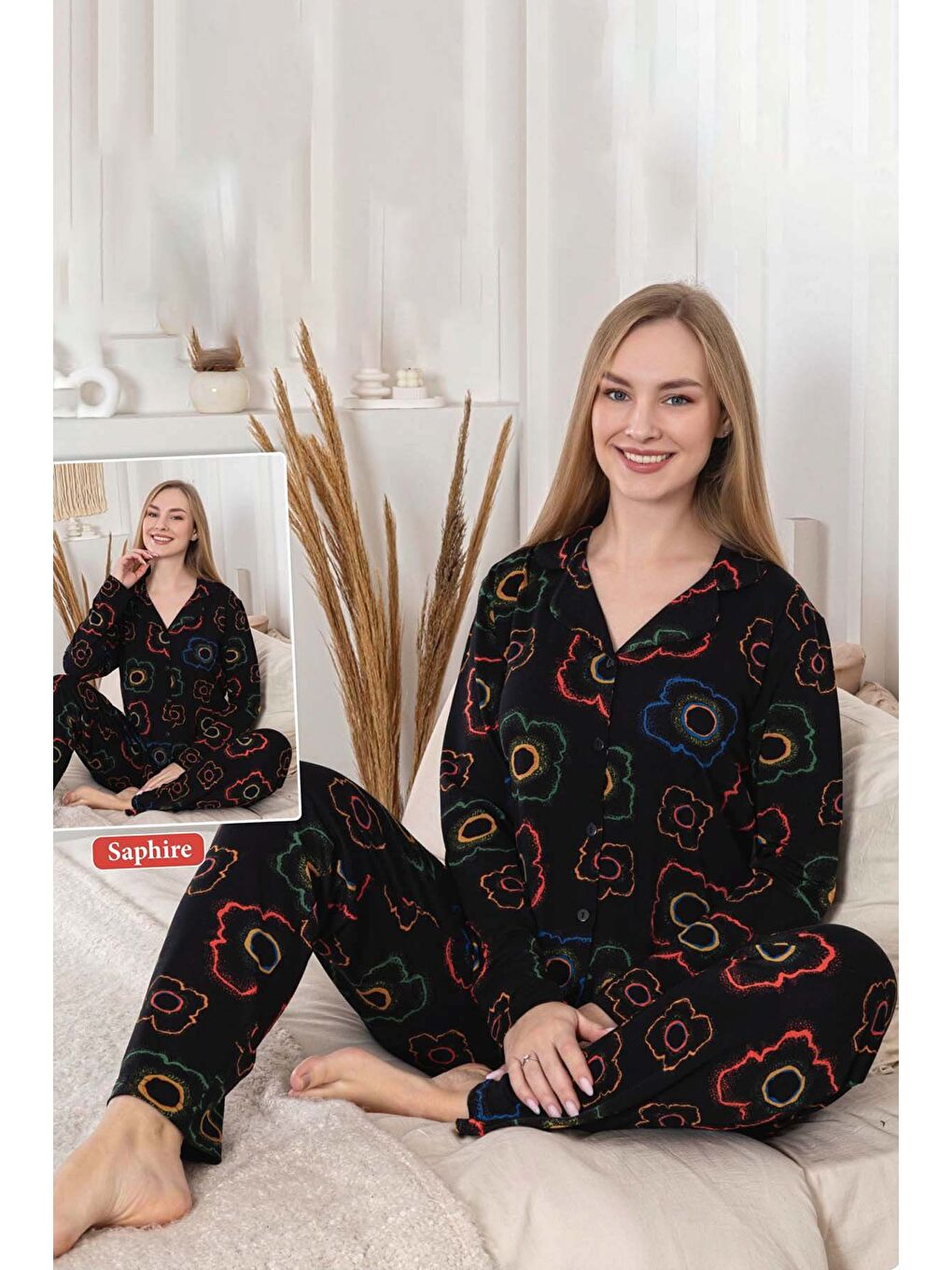 Kadın Çiçek Desen Düğmeli Saphire Pijama Takımı 0474 Siyah01