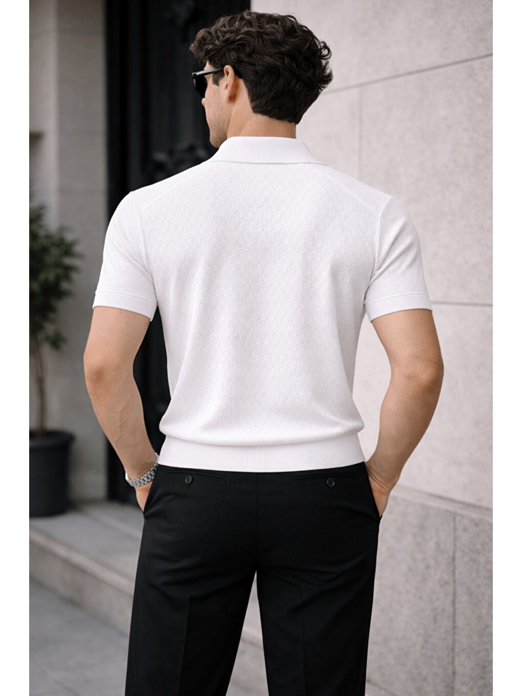 Beyaz Erkek Fermuarlı Polo Yaka Triko Tişört Slim Fit Dokulu Yazlık Casual-2
