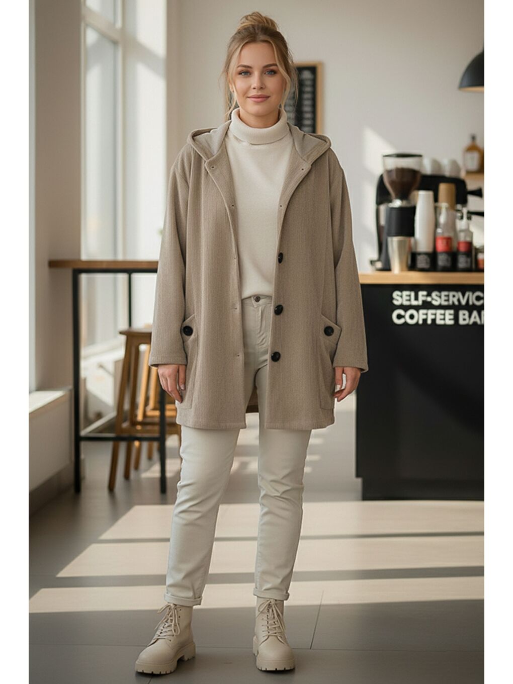 İtalyan Bej Kapüşonlu Uzun Kol Düğmeli Cepli Casual Kadife Oversize Dokuma Ceket 80 70-1