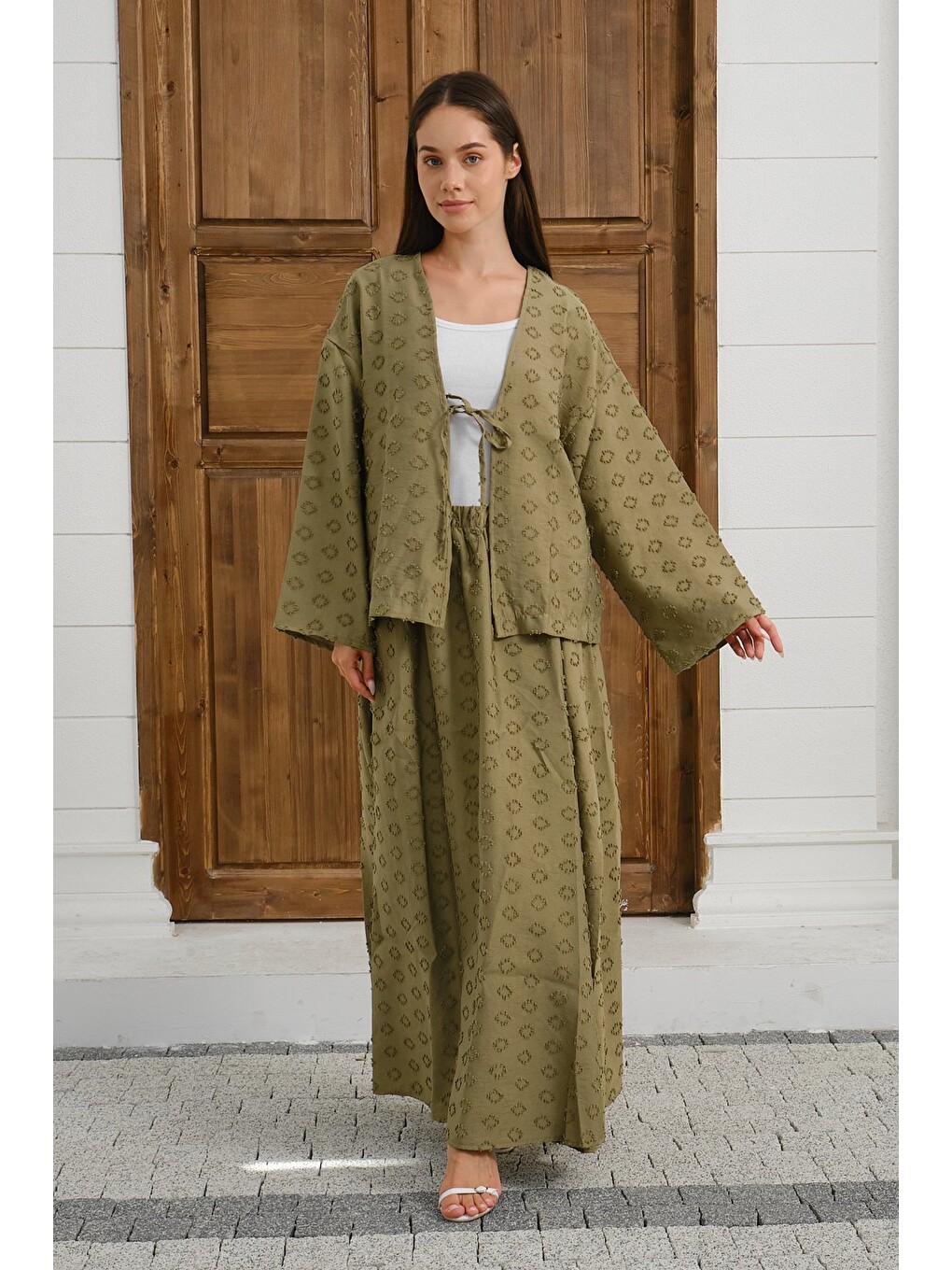 Yeşil Kadın Dokulu Bağlama Detaylı Kimono Hırka Rahat Kalıp Uzun Kollu Ceket-6