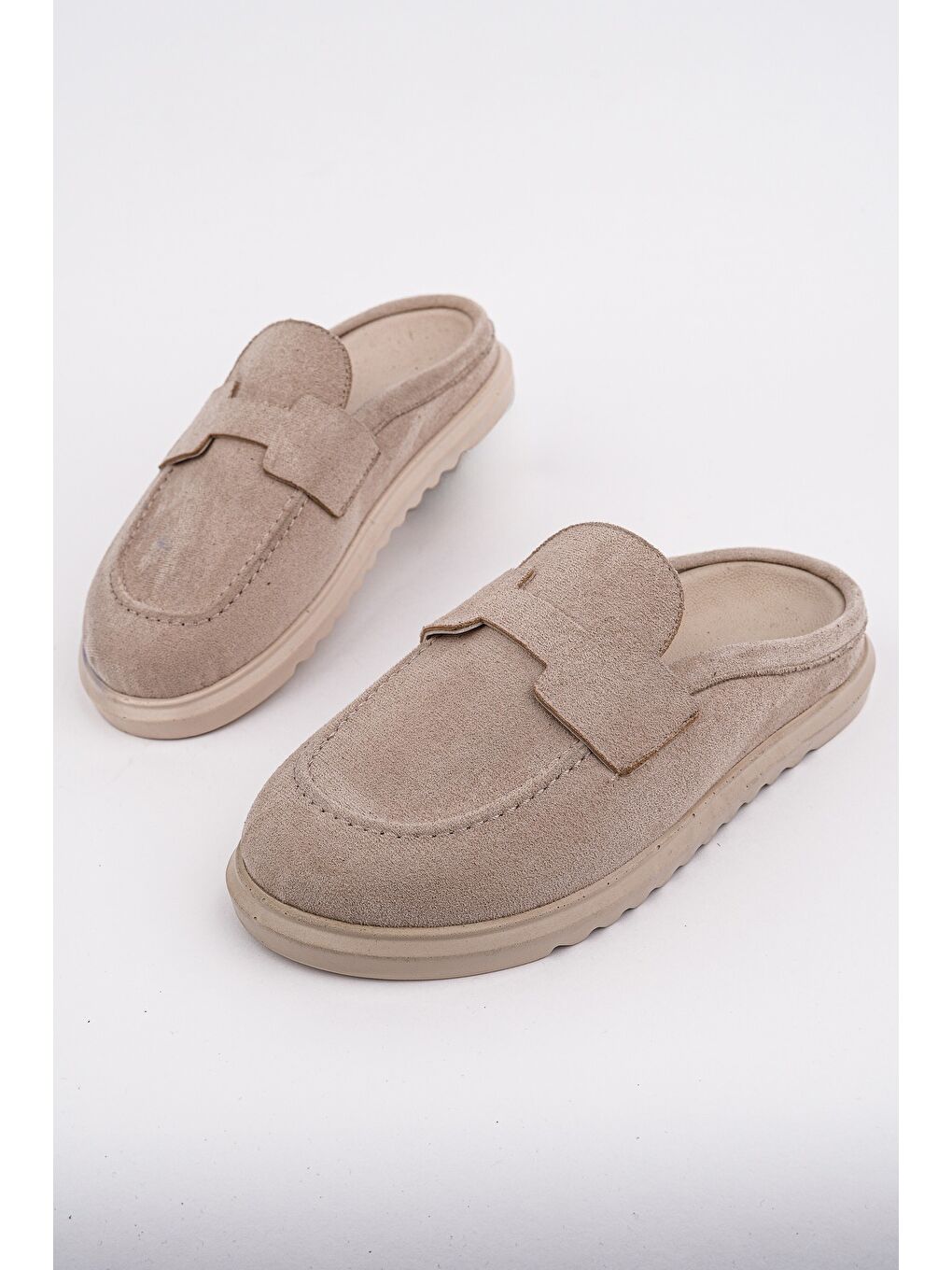 Bej VİNTAGE Süet Deri Günlük Rahat Önü Kapalı Kadın Loafer Terlik-1