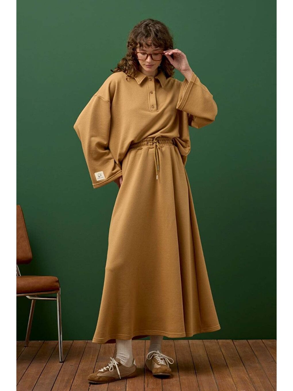 Bej Karamel 3 İplik Yakalı Body & Etek Takım