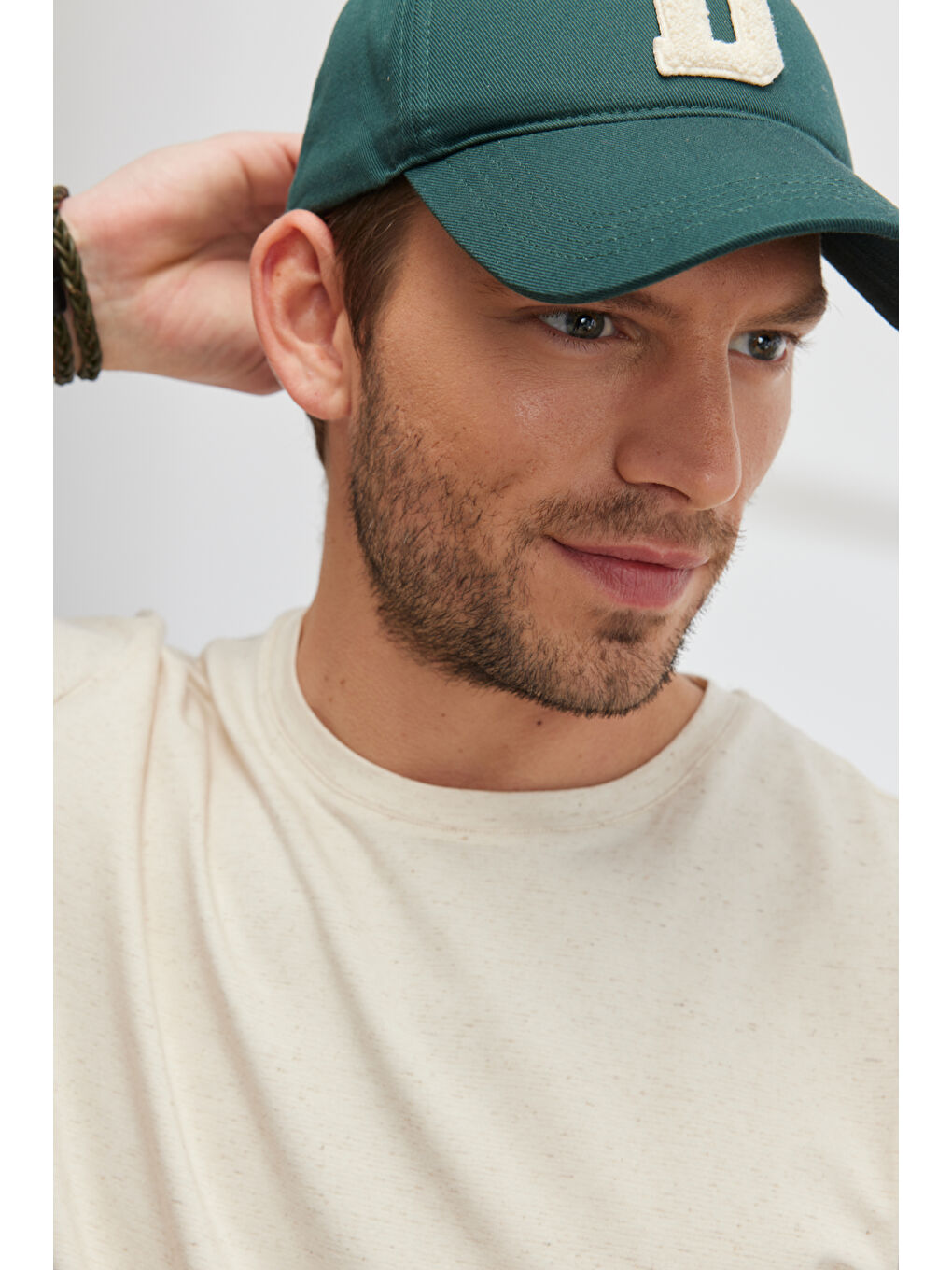 Erkek Bej Melanj Slim Fit Dar Kesim Bisiklet Yaka Pamuklu Kısa Kollu Tişört-1