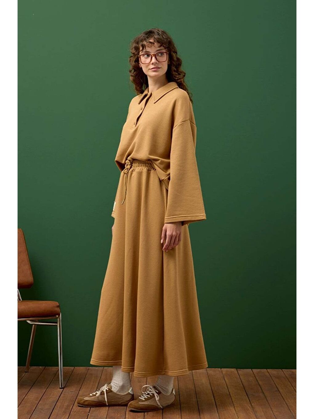 Bej Karamel 3 İplik Yakalı Body & Etek Takım-1