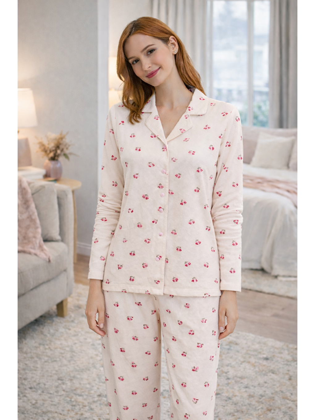 Ekru Kadın Desenli Gömlek Yaka Waffle Kumaş Yüksek Kalite Düğmeli Uzun Kollu Pijama Takımı-1