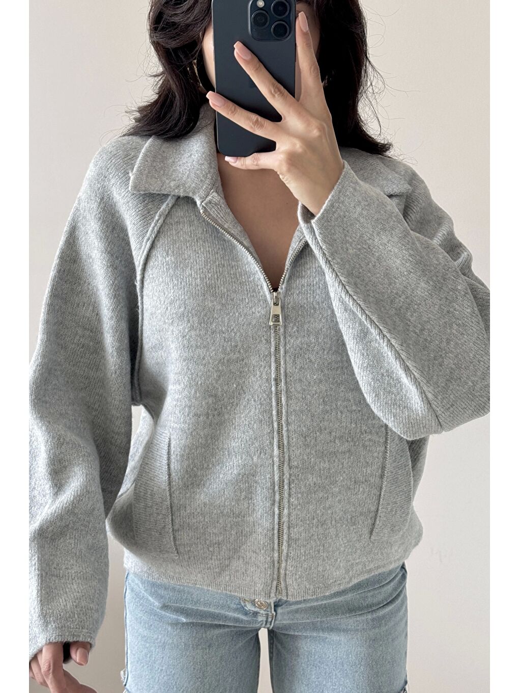 Kadın Gri Fermuarlı Oversize Hırka 1014-2381